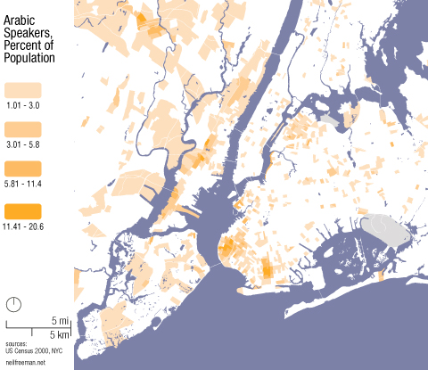 Map of Arabic Speakers in NYC According to 2000 Census Data - Map: Neil Freeman