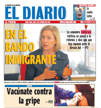 Gillibrand's evolution: "On the Immigrant Side" read El Diario's cover on October 18, 2010