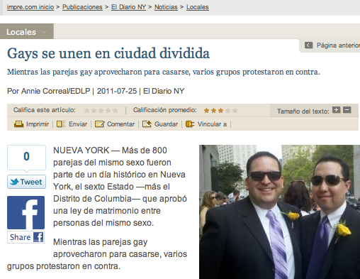 El Diario published a story about same-sex marriage the day after the law took effect in New York