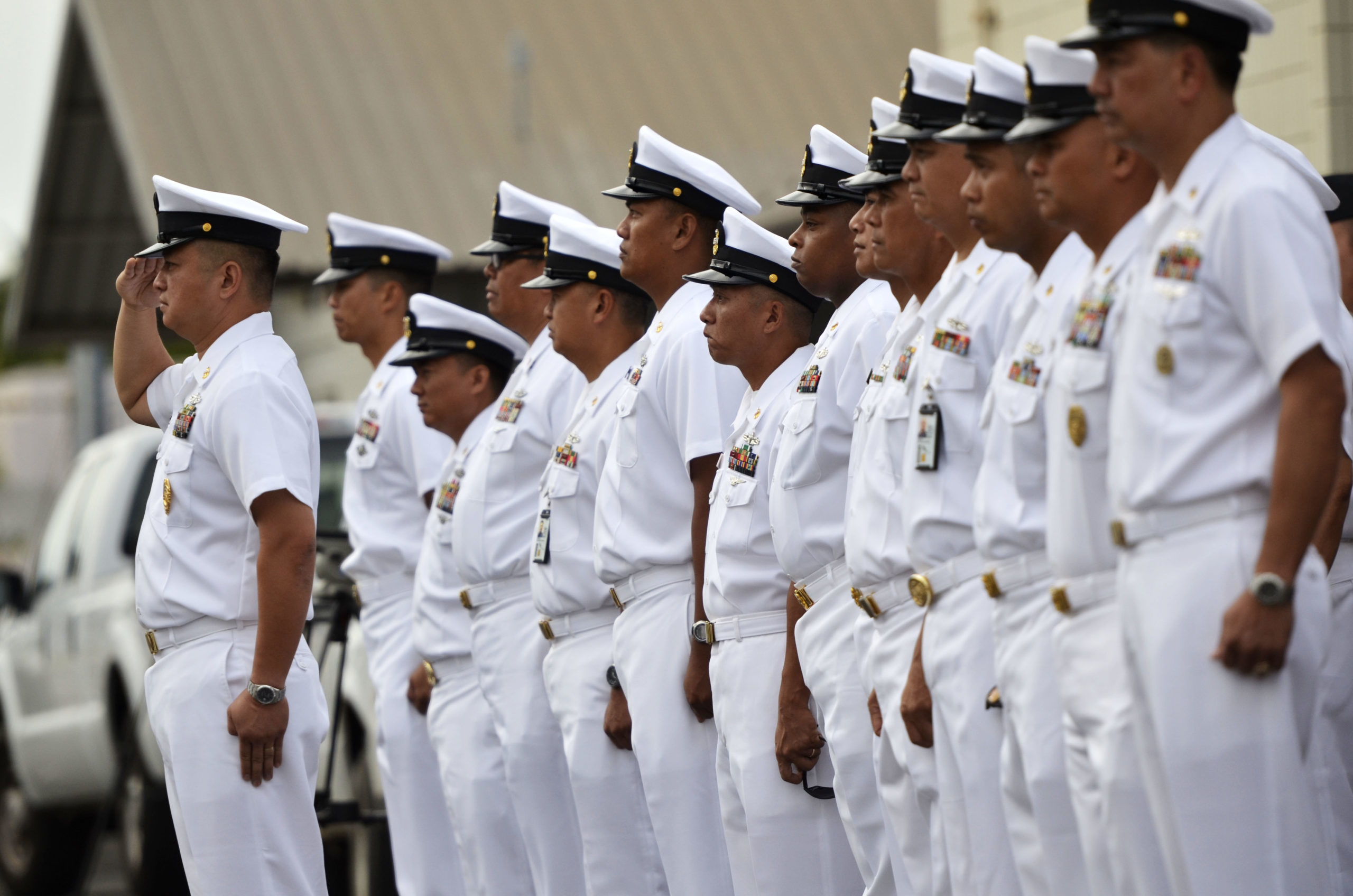 U.S. Navy Sailors with ties to the Filipino community welcome the Philippine navy frigate BRP Gregorio del Pilar