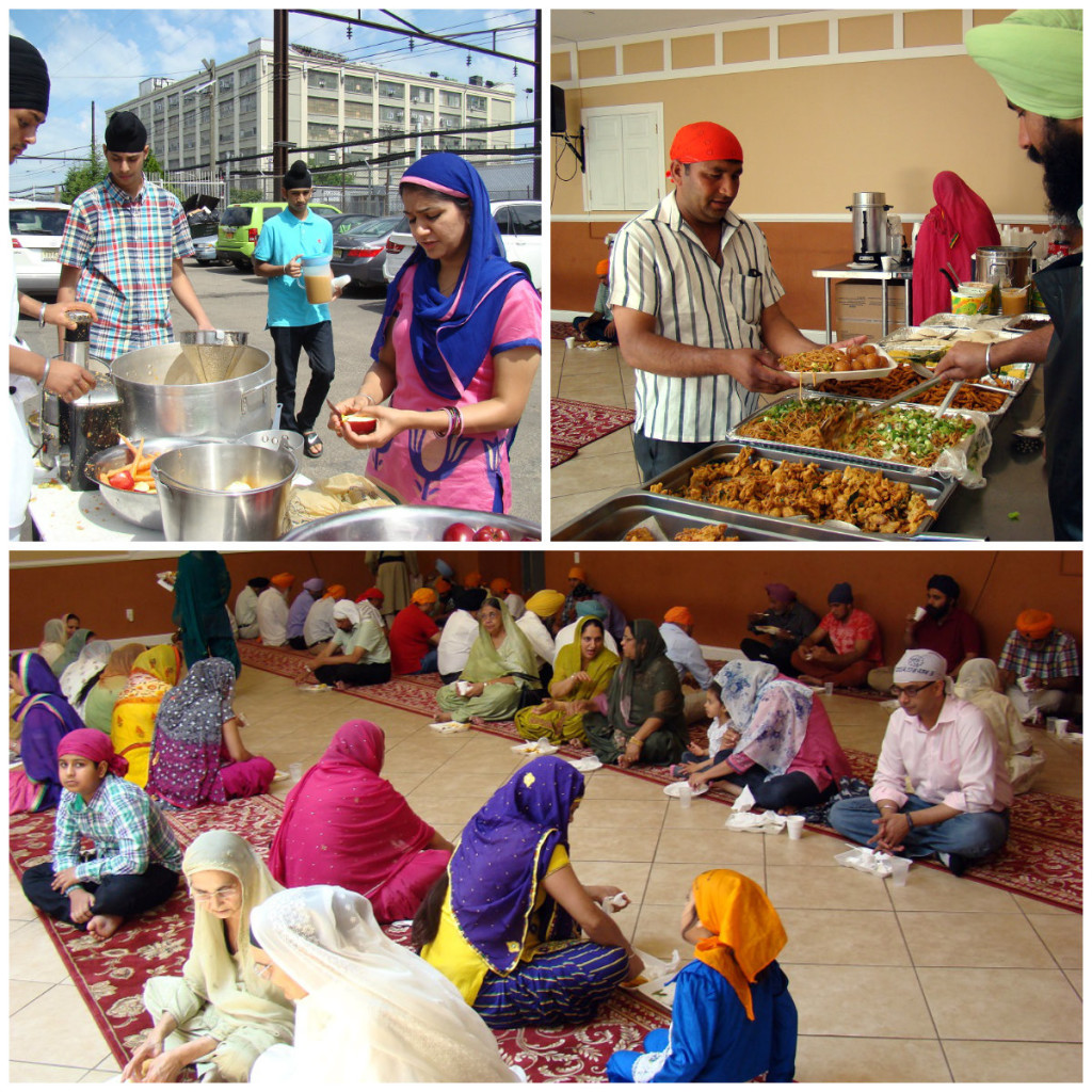 Members of the Sikh gurudwara in Jersey City serve and eat langar meal. Photo by Ramaa Raghavan