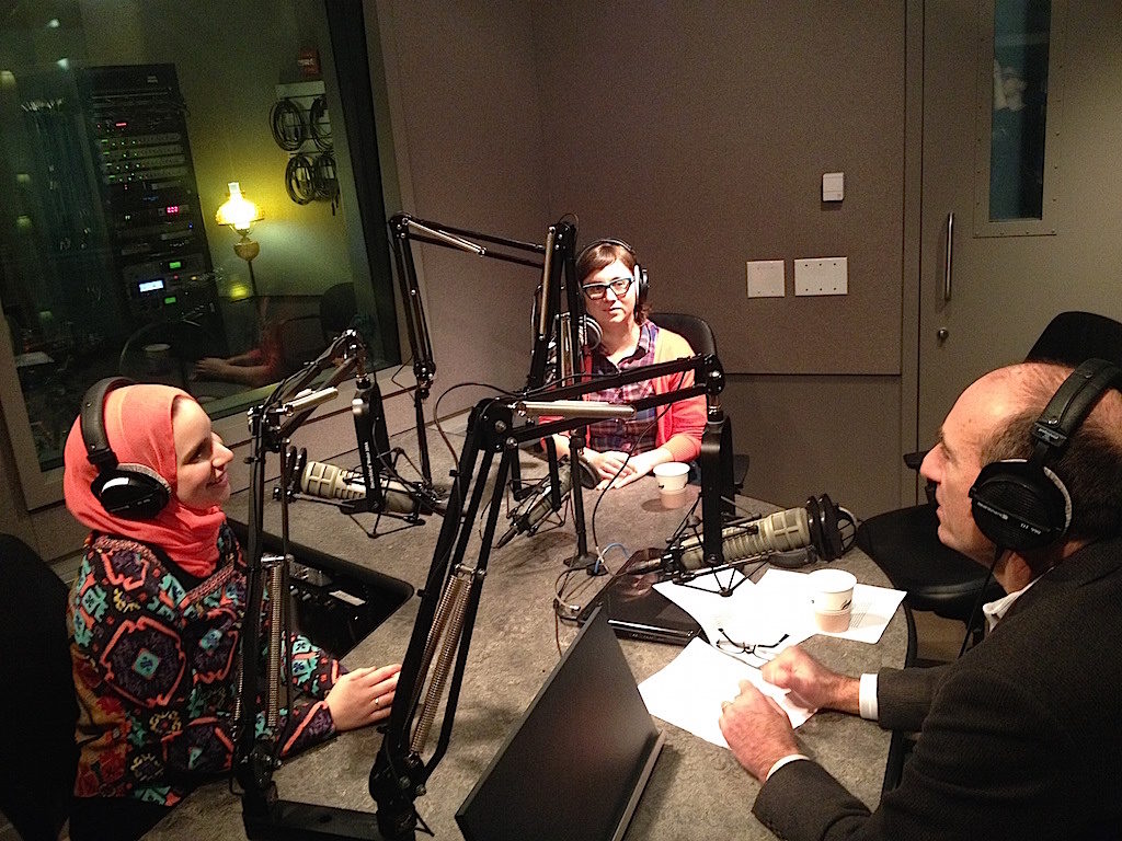 Reem Nasr and Martyna Starosta with Fi2W’s John Rudolph in the studio. Photo: Rachael Bonjiorno